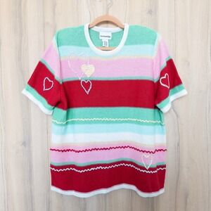 VTG Breckenridge Womens Striped Sweater Size L Hearts Short‎ Sleeve Valentines